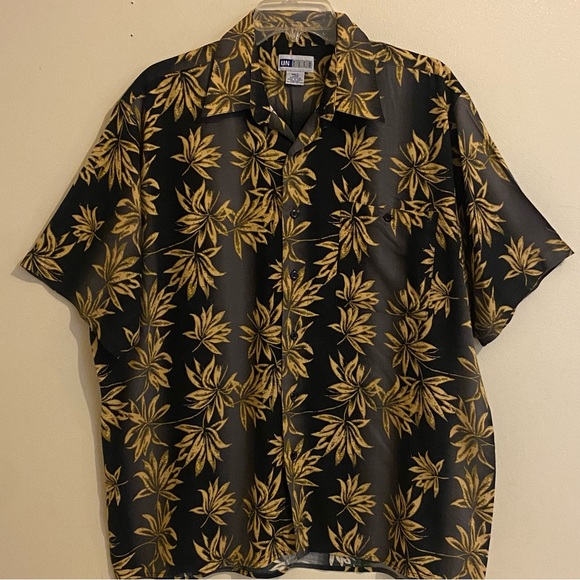 Vtg Hawaiian Shirt Mens Size L UNTIED Rayon Black Yellow Pocket Bowling - Picture 1 of 11